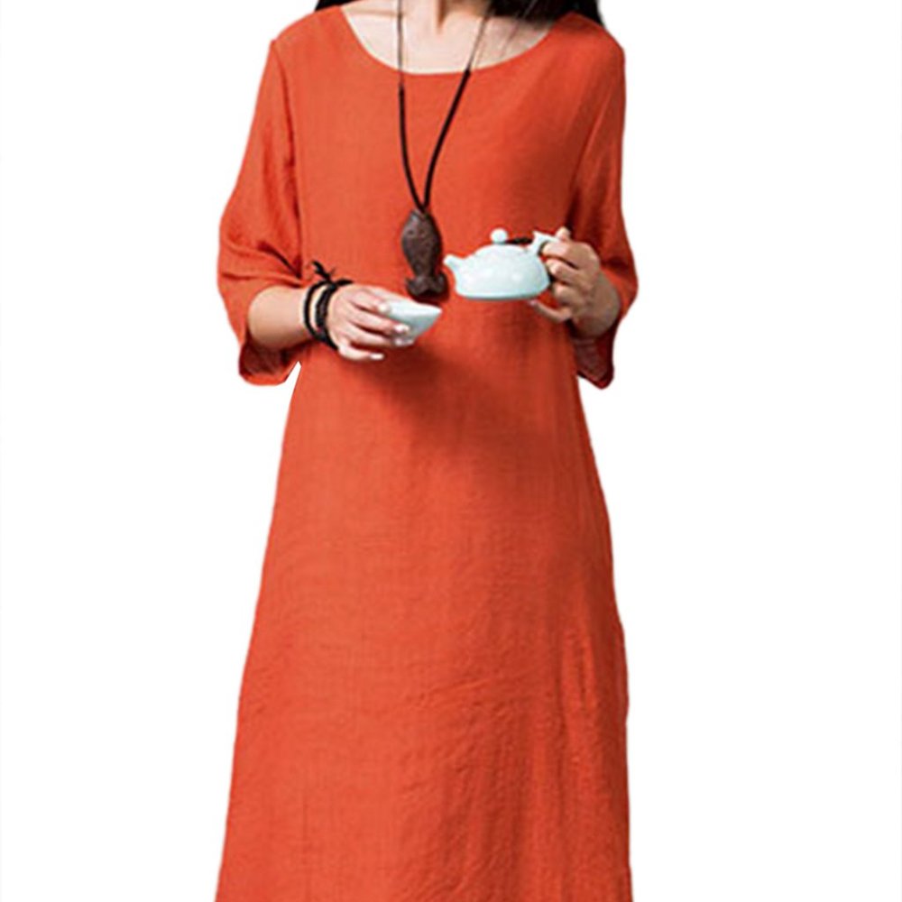 Two-Tone Persimmon Boho Linen-cotton Loose Long Maxi Dress